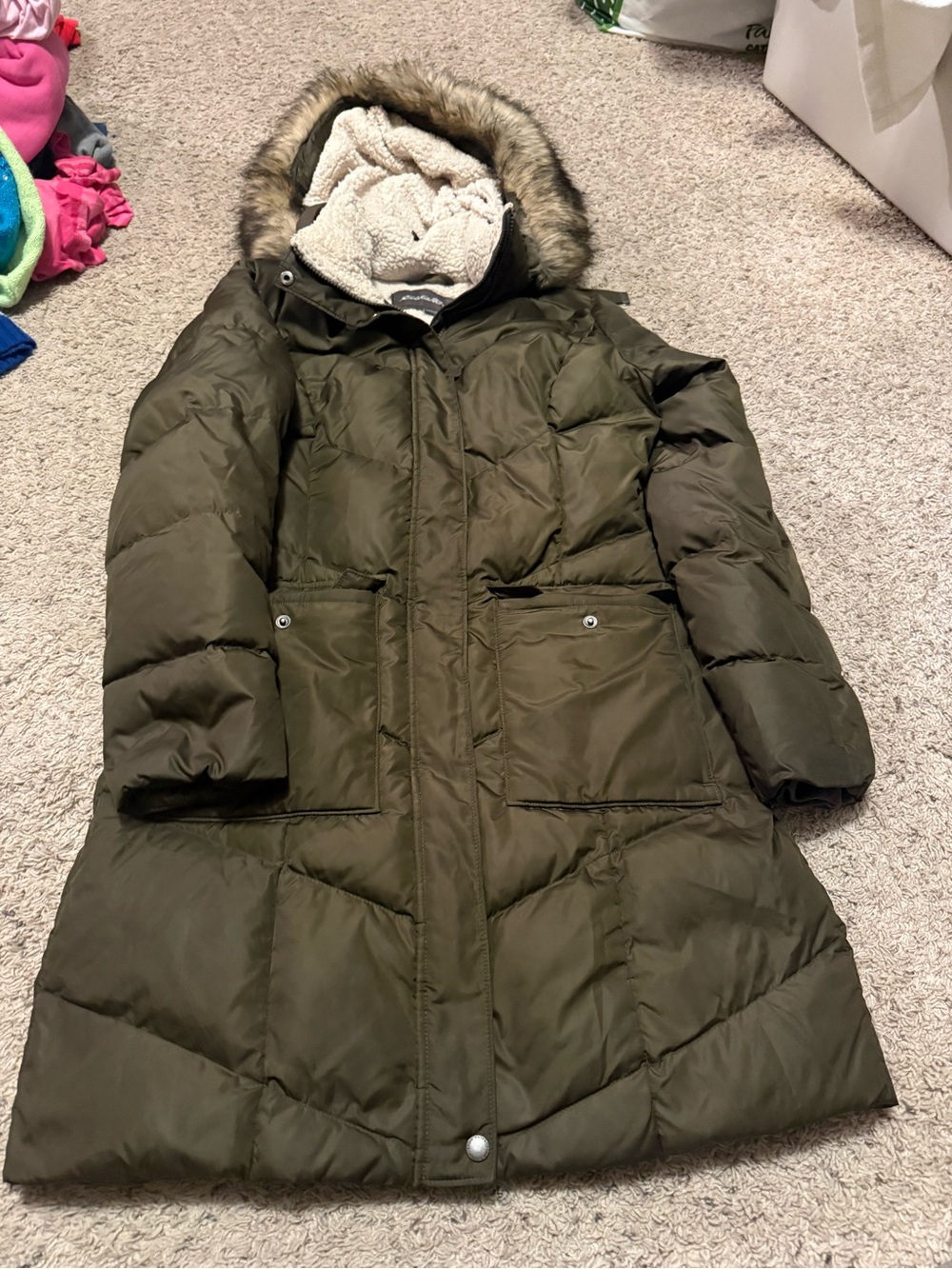 Eddie Bauer Olive Green Quilted Puffer Coat with Faux Fur Hood